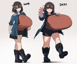 Rule 34 | 1girl, absurdres, blue jacket, boots, braid, bralines, breasts, brown hair, brown shirt, combat boots, comparison, dog tail, full body, gigantic breasts, highres, jacket, looking at viewer, medium hair, narita (naze), naze, original, outstretched arm, red eyes, shirt, shorts, simple background, single braid, solo, standing, tail, white background, wide-eyed