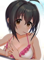 Rule 34 | 1girl, ahoge, backlighting, bare shoulders, bikini, black hair, blue background, blurry, blurry foreground, blush, breasts, brown eyes, cleavage, collarbone, dot nose, fidgeting, food in mouth, frilled bikini, frills, idolmaster, idolmaster cinderella girls, idolmaster cinderella girls starlight stage, kohinata miho, looking at viewer, medium breasts, mouth hold, natsuya (natuya777), pink nails, pocky, pocky in mouth, short hair, shy, sideboob, simple background, solo, sweatdrop, swimsuit, two-tone background, upper body, white background, white bikini