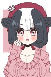 Rule 34 | 1girl, animal ears, black hair, blush, breasts, cleavage, cow ears, cow girl, cthun n, extra ears, hat, highres, holstein friesian cattle (kemono friends), kemono friends, large breasts, looking at viewer, multicolored hair, pink background, red eyes, short hair, simple background, solo, sweater, two-tone hair, upper body, white hair