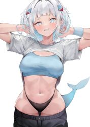 Rule 34 | 1girl, absurdres, black panties, black pants, blue eyes, blue hair, blue sports bra, breasts, clothes lift, clothes pull, colored inner hair, commentary, fins, fish tail, gawr gura, grey hair, grin, hair ornament, hands in hair, hands up, highleg, highleg panties, highres, hololive, hololive english, looking at viewer, medium breasts, medium hair, multicolored hair, navel, panties, pants, pants pull, pepq, raised eyebrow, shark girl, shark hair ornament, shark tail, shirt, shirt lift, short sleeves, sidelocks, smile, solo, sports bra, streaked hair, sweatband, symbol-only commentary, tail, underwear, uneven eyes, virtual youtuber, white shirt, wristband