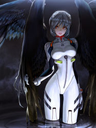 Rule 34 | 1girl, ayanami rei, blue hair, bodysuit, breasts, etama quomo, medium breasts, neon genesis evangelion, parted lips, partially submerged, plugsuit, red eyes, reflection, ripples, short hair, solo, white bodysuit, wings