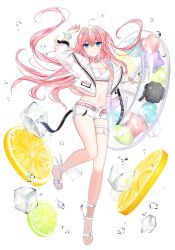 Rule 34 | 1girl, ahoge, ankle ribbon, arm up, balloon, bare legs, belt, bikini, blue eyes, bracelet, braid, braided bangs, breasts, cleavage, closers, eyewear on head, floating hair, food, fruit, full body, heart balloon, highres, ice, ice cube, innertube, jacket, jewelry, leg ribbon, leg up, lemon, lemon slice, long hair, long sleeves, medium breasts, navel, official art, one side up, open clothes, open jacket, open shorts, parted lips, pink belt, pink hair, ribbon, round eyewear, sandals, see-through, see-through sleeves, seulbi lee, short shorts, shorts, solo, spray, standing, standing on one leg, star balloon, stomach, swim ring, swimsuit, thigh strap, transparent innertube, white background, white bikini, white footwear, white jacket, white ribbon, white shorts
