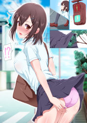 Rule 34 | !?, 1girl, ^^^, accidental exposure, arima kouichi, ass, bag, black legwear, black skirt, blurry, blurry background, blush, branch, breasts, brown hair, clothes lift, comic, day, hair ornament, hairclip, large breasts, loafers, looking back, miniskirt, multiple views, nose blush, open mouth, original, outdoors, panties, pink panties, pleated skirt, red eyes, school bag, school uniform, shirt, shoes, short hair, short sleeves, skirt, skirt caught on object, skirt lift, speech bubble, town, traffic light, underwear, walking, white shirt