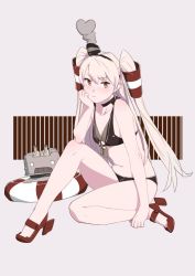 Rule 34 | &gt;:(, 10s, adapted costume, amatsukaze (kancolle), bad id, bad twitter id, bare legs, bikini, black bikini, breasts, brown eyes, choker, frown, full body, hair ornament, hairband, head rest, high heels, kantai collection, long hair, navel, ojipon, rensouhou-kun, simple background, sitting, small breasts, solo, steam, swimsuit, two side up, v-shaped eyebrows