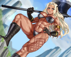 Rule 34 | 1girl, abs, absurdres, amazon (dragon&#039;s crown), axe, biceps, black footwear, black gloves, blonde hair, boots, breasts, cleavage, dragon&#039;s crown, gloves, highres, holding, holding axe, knee boots, large breasts, long hair, looking at viewer, muscular, muscular female, navel, parted bangs, parted lips, solo, tan, tattoo, toin (iitoin), wavy hair