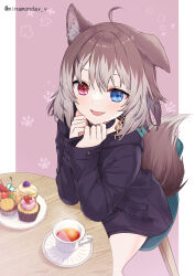 Rule 34 | 1girl, :d, animal ears, black coat, brown hair, chair, coat, collar, commentary request, commission, cup, cupcake, dog ears, dog girl, dog tail, fang, food, hasuki rui, highres, hood, hooded coat, indie virtual youtuber, light brown hair, medium hair, minamoto mamechichi, multicolored hair, open mouth, short shorts, shorts, sitting, skeb commission, smile, steam, table, tail, tea, teacup, two-tone hair, virtual youtuber