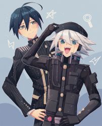 Rule 34 | 2boys, :d, ahoge, armor, black hair, black headwear, black jacket, brown eyes, buttons, cheer (cheerpuppy14), danganronpa (series), danganronpa v3: killing harmony, double-breasted, grey background, grey eyes, grey hair, hair between eyes, hand on own hip, highres, jacket, k1-b0, looking at another, looking at viewer, male focus, medium hair, multicolored background, multiple boys, open mouth, pants, power armor, saihara shuichi, smile, striped clothes, striped jacket, striped pants, teeth, upper body, upper teeth only