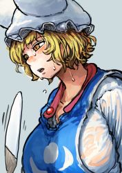 Rule 34 | 1girl, animal hat, blonde hair, blush, breasts, chanta (ayatakaoisii), close-up, dress, fanning self, from side, hand fan, hat, highres, hot, large breasts, long sleeves, looking afar, mob cap, motion lines, open mouth, mob cap, see-through, short hair, simple background, solo, sweat, sweatdrop, tabard, teeth, touhou, unbuttoned, upper body, wet, wet clothes, white dress, yakumo ran