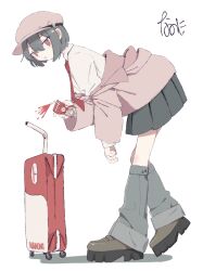 Rule 34 | 1girl, absurdres, black hair, from side, full body, hat, highres, holding, jacket, juice, juice box, leaning forward, leg warmers, long sleeves, looking at viewer, nanoni!, off shoulder, open mouth, original, pleated skirt, red eyes, rolling suitcase, shoes, short hair, skirt, solo, suitcase