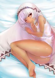 Rule 34 | 1girl, aged down, altera (fate), ass, bare shoulders, barefoot, body markings, breasts, collarbone, dark-skinned female, dark skin, fate/extella, fate/extra, fate (series), looking at viewer, lying, on side, one-piece swimsuit, one eye closed, red eyes, senbon tsuki, short hair, small breasts, smile, swimsuit, thighs, veil, wet, white hair, white one-piece swimsuit
