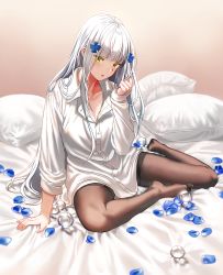 Rule 34 | 1girl, :o, arm support, bed sheet, black pantyhose, blunt bangs, breasts, brown background, cleavage, collarbone, collared shirt, dress shirt, facial mark, full body, girls&#039; frontline, gradient background, hair ornament, hk416 (girls&#039; frontline), large breasts, leaning to the side, long hair, long sleeves, looking at viewer, orb, pantyhose, parted lips, petals, pillow, shirt, silence girl, silver hair, sitting, solo, v-shaped eyebrows, very long hair, yellow eyes