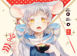 Rule 34 | 1boy, 2020, animal ear fluff, animal ears, arrow (projectile), beige background, bell, bow, bowl, chinese zodiac, ear ribbon, extra ears, food, hair ornament, hairclip, hamaya, holding, holding bowl, japanese clothes, jewelry, jingle bell, kemonomimi mode, kimono, long sleeves, looking at viewer, male focus, mochi, mouse boy, mouse ears, mouse tail, mushroom, necklace, new year, open mouth, scarf, shichimi (ftlvampire32), solo, steam, striped, tail, tassel, tongue, touken ranbu, tsurumaru kuninaga, upper body, vegetable, white hair, year of the rat, yellow eyes, zouni soup