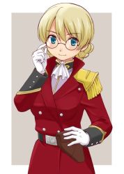 Rule 34 | 10s, 1girl, adjusting eyewear, alternate costume, aqua eyes, ascot, belt, bespectacled, black belt, blonde hair, blush, braid, closed mouth, commentary request, cosplay, darjeeling (girls und panzer), epaulettes, female focus, girls und panzer, glasses, gloves, grey background, gundam, gundam wing, hand on own hip, hand up, holster, jacket, lady une, lady une (cosplay), long sleeves, looking at viewer, military, military uniform, outside border, red jacket, short hair, smile, solo, standing, twin braids, uniform, uona telepin, upper body, white ascot, white gloves