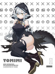 Rule 34 | 1girl, absurdres, ahoge, arknights, artist name, ass, black dress, black thighhighs, boots, braid, breasts, brown eyes, character name, crocodilian tail, detached sleeves, dress, fagun233, fingerless gloves, flower, gloves, goggles, goggles around neck, highres, hood, hoodie, large breasts, long hair, pointy ears, short dress, side braid, silver hair, single sidelock, sitting, solo, tail, thighhighs, tomimi (arknights), yokozuwari