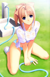 Rule 34 | 00s, 1girl, absurdres, after (game), between thighs, bikini, bikini bottom only, blonde hair, bow, breasts, cleavage, hair bow, highres, hose, kneeling, no pants, no socks, outdoors, panties, ponytail, scan, see-through, shiomiya kanami, shirt, shoes, sitting, smile, solo, swimsuit, t-shirt, thighs, tied shirt, tony taka, underwear, v arms, wariza, wet, wet clothes, wet shirt