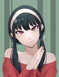 Rule 34 | 1girl, bare shoulders, black hair, close-up, collarbone, enryuu (rmxs3488), green background, hairband, highres, long eyelashes, long hair, off-shoulder sweater, off shoulder, own hands together, red eyes, red sweater, signature, spy x family, striped, striped background, sweater, white hairband, yor briar