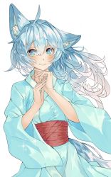Rule 34 | 1girl, ahoge, animal ear fluff, animal ears, animal request, aqua eyes, aqua kimono, aqua nails, blue eyes, blue hair, blush, breasts, character request, closed mouth, commentary, commission, copyright request, cowboy shot, english commentary, fang, fang out, floating hair, furrowed brow, gradient eyes, gradient hair, green eyes, grey hair, hair between eyes, hands up, highres, japanese clothes, kimono, light blue hair, looking at viewer, medium breasts, multicolored eyes, multicolored hair, nail polish, obi, purple eyes, sash, shiny clothes, simple background, smile, solo, sparkle, standing, tail, tareme, tomatolover16, wavy hair, white background, white hair, wide sleeves, yukata