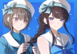 Rule 34 | 2girls, absurdres, bang dream!, bang dream! it&#039;s mygo!!!!!, blue background, blue bow, blue neckerchief, blue shirt, blush, bow, braid, brown hair, closed mouth, commentary, grey hair, hat, hat bow, highres, long hair, long sleeves, looking at another, looking at viewer, mole, mole under eye, multiple girls, neckerchief, official alternate hairstyle, purple eyes, raito taisha, red eyes, sailor collar, school uniform, serafuku, shiina taki, shirt, short hair, single braid, sleeveless, sleeveless shirt, smile, takamatsu tomori, tying another&#039;s hair, upper body, white hair, white sailor collar