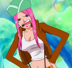 Rule 34 | 1girl, captain (drawfag), hands on own hips, hat, jewelry bonney, one piece, pink hair, pirate, purple eyes, sabaody archipelago, solo, supernova