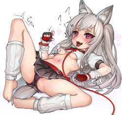 Rule 34 | 1girl, animal ears, azur lane, barefoot, bdsm, belt, belt buckle, black panties, blush, braid, breasts, buckle, collar, crop top, crop top overhang, crying, dikko, fangs, feet, fingerless gloves, full body, gloves, heart, heart-shaped pupils, heavy breathing, highres, leash, leg warmers, long hair, looking at viewer, lying, miniskirt, motion lines, multicolored nails, nail polish, naughty face, navel, on back, one side up, open mouth, panties, pantyshot, pink eyes, pink panties, plantar flexion, pleated skirt, puffy short sleeves, puffy sleeves, raised eyebrows, red gloves, short sleeves, simple background, skirt, slap mark, small breasts, solo, spread legs, stomach, sweat, symbol-shaped pupils, tail, tears, thick eyebrows, toe scrunch, toenail polish, toenails, tongue, tongue out, underboob, underwear, upskirt, very long hair, white background, wolf ears, wolf tail, yuudachi (azur lane)