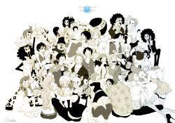 Rule 34 | 6+boys, 6+girls, afro, aged down, artist request, bandana, barefoot, blush, boots, bouquet, bow, breasts, brook (one piece), carrying, child, cigarette, cleavage, cotton candy, crown, cup, cyborg, denim, doppelganger, dress, drinking, dual persona, earrings, eating, everyone, eyewear on head, fishnets, flower, food, franky (one piece), fruit, genderswap, genderswap (mtf), goggles, hair bow, hair over one eye, happy, haramaki, hat, high heels, highres, jeans, jewelry, kneeling, long hair, long nose, luffyko, male swimwear, medium breasts, midriff, monkey d. luffy, monochrome, mug, multiple boys, multiple girls, multiple persona, nami (one piece), necktie, nico robin, one-eyed, one piece, open clothes, open shirt, orange (fruit), overalls, pants, reindeer, reindeerboy, roronoa zoro, saliva, sanji (one piece), sash, scar, shirt, shoes, short hair, simple background, sitting, skeleton, slingshot (weapon), small breasts, smoking, standing, straw hat, striped clothes, striped shirt, sunglasses, suspenders, swim briefs, thighhighs, time paradox, tony tony chopper, usopp, vest