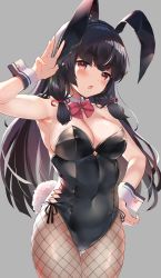 Rule 34 | 1girl, absurdres, animal ears, armpits, bare shoulders, black hair, black leotard, blush, bow, bowtie, breasts, cleavage, collar, cowboy shot, detached collar, fake animal ears, fingernails, fishnet pantyhose, fishnets, grey background, hair ribbon, highres, isokaze (kancolle), kantai collection, large breasts, leotard, long hair, looking at viewer, monoto, open mouth, pantyhose, playboy bunny, rabbit ears, rabbit pose, rabbit tail, red bow, red bowtie, red eyes, ribbon, simple background, solo, tail, wrist cuffs
