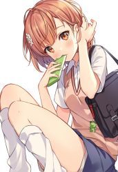 Rule 34 | 1girl, bag charm, blue skirt, blush, breasts, briefcase, brown eyes, brown hair, cellphone, charm (object), closed mouth, collared shirt, commentary, dress shirt, flower, grey shorts, hair flower, hair ornament, hands up, highres, hitsukuya, holding, holding phone, kneehighs, light smile, looking at viewer, loose socks, misaka mikoto, phone, romaji commentary, school briefcase, school uniform, shirt, short shorts, short sleeves, shorts, simple background, skirt, small breasts, socks, solo, sweater vest, toaru kagaku no railgun, toaru majutsu no index, tokiwadai school uniform, v-neck, white background, white flower, white shirt, white socks