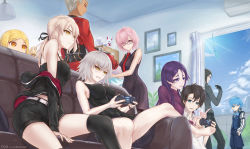 Rule 34 | 4boys, 5girls, aged up, archer (fate), artoria pendragon (all), artoria pendragon (fate), black dress, black hair, black legwear, blonde hair, blue eyes, blue hair, bow, bowtie, breasts, brown eyes, cigar, controller, creature, dress, fate/extra, fate/extra ccc, fate/grand order, fate/stay night, fate (series), fou (fate), fujimaru ritsuka (male), game controller, glasses, hair over one eye, hans christian andersen (fate), highres, jeanne d&#039;arc (fate), jeanne d&#039;arc alter (fate), jeanne d&#039;arc alter (ver. shinjuku 1999) (fate), large breasts, long hair, long sleeves, lord el-melloi ii, low-tied long hair, mash kyrielight, minamoto no raikou (fate), multiple boys, multiple girls, necktie, official alternate costume, open mouth, pantyhose, parted bangs, paul bunyan (fate), playing games, purple eyes, purple hair, saber alter, saber alter (ver. shinjuku 1999) (fate), short hair, skyde kei, tsurime, very long hair, waver velvet, white hair, wicked dragon witch ver. shinjuku 1999, yellow eyes