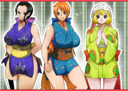 Rule 34 | 3girls, :q, animal ears, arms behind back, bandana, black eyes, black hair, blonde hair, blue bow, bow, breasts, brown eyes, carrot (one piece), closed mouth, cowboy shot, female focus, furry, furry female, hair bow, hands together, highres, huge breasts, japanese clothes, legs, licking, licking lips, long hair, looking at viewer, multiple girls, nami (one piece), nico robin, obi, one piece, orange hair, purple bow, rabbit ears, rabbit girl, sash, short hair, simple background, sleeveless, smile, standing, thighs, tongue, tongue out, wano country kimono