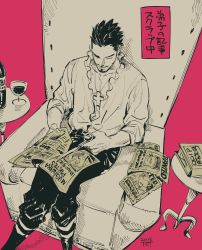 Rule 34 | 1boy, alcohol, black hair, black pants, bottle, chair, collarbone, cross, cross necklace, crossed legs, cup, cutting, dam (okdam3), dracule mihawk, drinking glass, facial hair, feet out of frame, forest, frilled shirt, frills, highres, japanese text, jewelry, limited palette, male focus, nature, necklace, newspaper, on chair, one piece, pants, partially colored, pectoral cleavage, pectorals, pink background, poster (object), roronoa zoro, scissors, shirt, short hair, simple background, sitting, sleeves rolled up, solo, very short hair, wine, wine bottle, wine glass