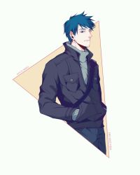 Rule 34 | 1boy, acca 13-ku kansatsu-ka, artist name, bad id, bad pixiv id, blue eyes, blue hair, character name, copyright name, delight hsia, highres, jacket, male focus, niino (acca), simple background, solo, upper body