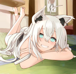 Rule 34 | 1girl, absurdres, ahoge, animal ears, bare legs, barefoot, blue eyes, blush, commentary, crossed arms, day, earrings, fox ears, fox tail, grin, hair between eyes, highres, hitachi sou, hololive, indoors, jewelry, long hair, looking at viewer, lying, on stomach, shirakami fubuki, shirt, smile, soles, solo, sunlight, tail, the pose, virtual youtuber, white hair, white shirt
