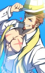 Rule 34 | 1boy, abs, bara, beard, blue eyes, blush, brown hair, bursting pectorals, facial hair, fate/grand order, fate (series), hat, heart, holding, holding clothes, holding hat, large pectorals, long sideburns, long sleeves, looking at viewer, male focus, muscular, napoleon bonaparte (fate), official alternate costume, one eye closed, open clothes, pants, pectorals, scar, scarf, sideburns, simple background, smile, solo, upper body, waku (ayamix)