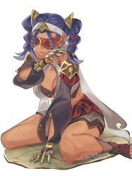 Rule 34 | 1girl, aoiabyss, between legs, blue gemstone, braid, braided bangs, breasts, claw ring, clothing cutout, commentary, crop top, dark-skinned female, dark skin, detached sleeves, gem, genshin impact, hair ornament, hand between legs, hand up, highres, jeht (genshin impact), long hair, medium breasts, midriff, miniskirt, multiple braids, on ground, open mouth, puffy sleeves, purple hair, red blindfold, sitting, skirt, smile, solo, toeless footwear, toes, twintails, wariza
