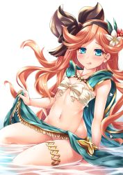 Rule 34 | 10s, 1girl, :q, arm support, bandeau, bare arms, black hairband, black ribbon, blue eyes, blush, bow, breasts, cape, clothes lift, collarbone, commentary request, dripping, floating hair, flower, fringe trim, full body, granblue fantasy, green cape, green skirt, groin, hair flower, hair ornament, hairband, highres, long hair, looking at viewer, miyabi urumi, navel, no panties, orange hair, parted bangs, red flower, ribbon, sara (granblue fantasy), shiny skin, simple background, sitting, skirt, skirt lift, small breasts, solo, stomach, thighlet, tongue, tongue out, very long hair, water, water drop, wavy hair, wet, wet clothes, white background, white bow, white flower