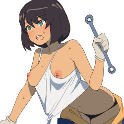 Rule 34 | 1girl, bent over, black panties, blush, breasts, breasts out, brown hair, girls und panzer, gloves, green eyes, highres, hoshino (girls und panzer), nipple slip, nipples, onsen tamago (hs egg), open mouth, overalls, panties, short hair, simple background, skindentation, solo, standing, sweat, tan, tank top, underwear, wardrobe malfunction, white background, white gloves, white tank top, wrench