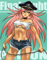 Rule 34 | 1girl, ari a, big hair, blue eyes, blue shorts, bulge, capcom, chain, collar, final fight, hat, long hair, pink hair, poison (final fight), short shorts, shorts, solo, street fighter, torn clothes
