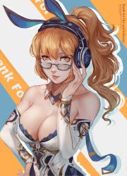 Rule 34 | 1girl, :p, animal ears, bare shoulders, blonde hair, breasts, cleavage, collarbone, commentary, detached collar, detached sleeves, english commentary, english text, fake animal ears, forehead, glasses, hand on own hip, hand up, headgear, headphones, high ponytail, highres, large breasts, leotard, original, shadow, sherylnome, solo, strapless, strapless leotard, tongue, tongue out, upper body