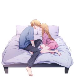 Rule 34 | 1boy, 1girl, absurdres, arm between legs, asgykk, bare legs, barefoot, black pants, blonde hair, blue shirt, brother and sister, closed eyes, commentary request, hetero, highres, hoshino aquamarine, hoshino ruby, imminent kiss, incest, indoors, on bed, oshi no ko, pants, pink shirt, profile, shirt, siblings, sitting, soles, toes, twincest, twins