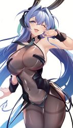 Rule 34 | 1girl, ;d, absurdres, azur lane, bare shoulders, black coat, blue eyes, blue hair, blue necktie, bodystocking, breasts, cleavage, coat, covered navel, cowboy shot, crossed bangs, detached collar, hair between eyes, hair intakes, hand up, highres, large breasts, leotard, long hair, looking at viewer, necktie, new jersey (azur lane), new jersey (exhilarating steps!) (azur lane), official alternate costume, one eye closed, open mouth, outstretched arm, pantyhose, playboy bunny, rikiddo (tise 00), see-through, see-through cleavage, smile, solo, straight hair, strapless, thighband pantyhose, thighs, white background
