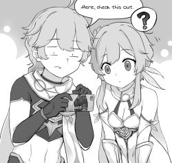 Rule 34 | 1boy, 2girls, ?, aether (genshin impact), alph (sancheck), ass, breasts, brother and sister, cellphone, cleavage, english text, flower, genshin impact, greyscale, hair flower, hair ornament, highres, leotard, lumine (genshin impact), midriff, mona (genshin impact), monochrome, multiple girls, pantyhose, phone, scarf, siblings, simple background, speech bubble, thought bubble, white background, wide-eyed
