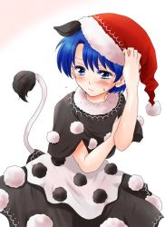 Rule 34 | 1girl, blue eyes, blue hair, blush, commentary request, doremy sweet, dress, hand on headwear, hat, matching hair/eyes, pom pom (clothes), short hair, solo, sweat, tail, tapir tail, touhou, unya