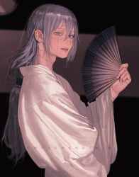 Rule 34 | 1girl, blue eyes, folding fan, genderswap, genderswap (mtf), grey hair, hair between eyes, hand fan, heterochromia, highres, japanese clothes, jujutsu kaisen, light smile, long hair, looking at viewer, mahito (jujutsu kaisen), sidelocks, solo, stitched face, stitched neck, stitches, twitter username, wengwengchim