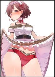 Rule 34 | 1girl, blush, bow, bowtie, breasts, brown hair, caburi, cameltoe, clothes lift, cowboy shot, detached collar, dress, frills, gluteal fold, hair ornament, hairclip, highres, higuchi madoka, idolmaster, idolmaster shiny colors, lifting own clothes, lingerie, looking at viewer, medium breasts, mole, mole under eye, purple eyes, short hair, skirt, skirt lift, solo, swept bangs, thighs, underwear, white background