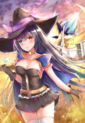 Rule 34 | 1girl, bad id, bad pixiv id, blue eyes, breasts, building, cape, cleavage, cloud, gloves, grass, hat, heterochromia, long hair, looking at viewer, orange eyes, original, outdoors, skirt, sky, solo, tailam, thighhighs, white thighhighs, witch hat