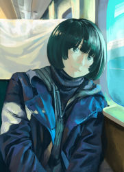 Rule 34 | 1girl, bad id, bad pixiv id, blue jacket, commentary request, day, glowing, green eyes, highres, jacket, long sleeves, looking outside, on chair, original, partially unzipped, short hair, sitting, solo, sunlight, train interior, turquoise iro, window