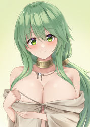Rule 34 | 1girl, absurdres, alternate breast size, arm under breasts, bare shoulders, blush, breasts, caam serenity of gusto, cleavage, closed mouth, coat, collar, collarbone, commentary request, commission, duel monster, green background, green eyes, green hair, grey coat, hair between eyes, head tilt, highres, jewelry, large breasts, long hair, looking at viewer, low ponytail, naked coat, necklace, off shoulder, partial commentary, pixiv commission, ponytail, sidelocks, simple background, smile, solo, standing, untying, upper body, yanazawa ko, yu-gi-oh!