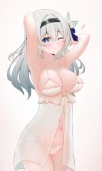 Rule 34 | !, 1girl, ;o, absurdres, armpits, babydoll, bare shoulders, black hairband, blush, breasts, commentary, cowboy shot, firefly (honkai: star rail), grey hair, hairband, highres, honkai: star rail, honkai (series), knosdeba, large breasts, long hair, looking at viewer, navel, one eye closed, panties, parted lips, purple eyes, see-through, solo, thighs, underwear, very long hair, white panties