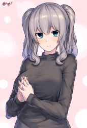 Rule 34 | 1girl, bad id, bad pixiv id, black sweater, breasts, casual, closed mouth, commentary, contemporary, highres, interlocked fingers, kagi f, kantai collection, kashima (kancolle), large breasts, long sleeves, looking at viewer, own hands together, pink background, simple background, smile, solo, sweater, twitter username, two side up, upper body
