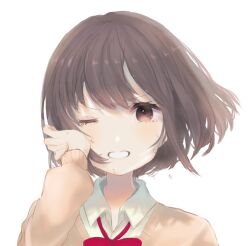 Rule 34 | 1girl, blush, bow, bowtie, brown eyes, brown hair, clenched teeth, collared shirt, crying, highres, long sleeves, one eye closed, open mouth, project sekai, school uniform, shinonome ena, shirt, solo, suiren nei, sweater, tears, teeth, upper body, white background, wiping tears